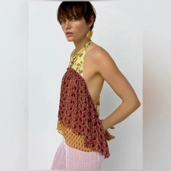 NWT ZARA Halter Neck Multicolored Printed Top Metallic Layer 7720/025 Size XL - Picture 2 of 14
